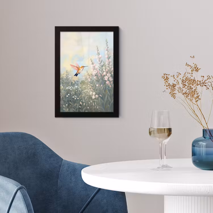 Kolibrie - Illustratie - Kleurrijk fotolijst zwart zonder passe partout klein -sfeer4