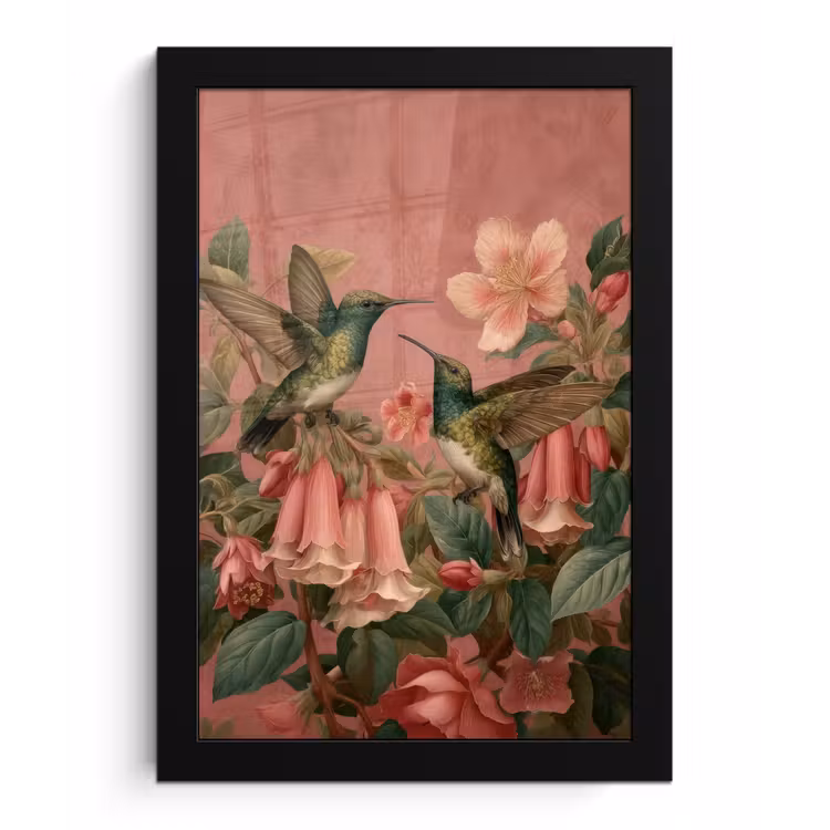 Kolibries - Bloemen - Groen - Roze fotolijst zwart zonder passe partout klein -3d