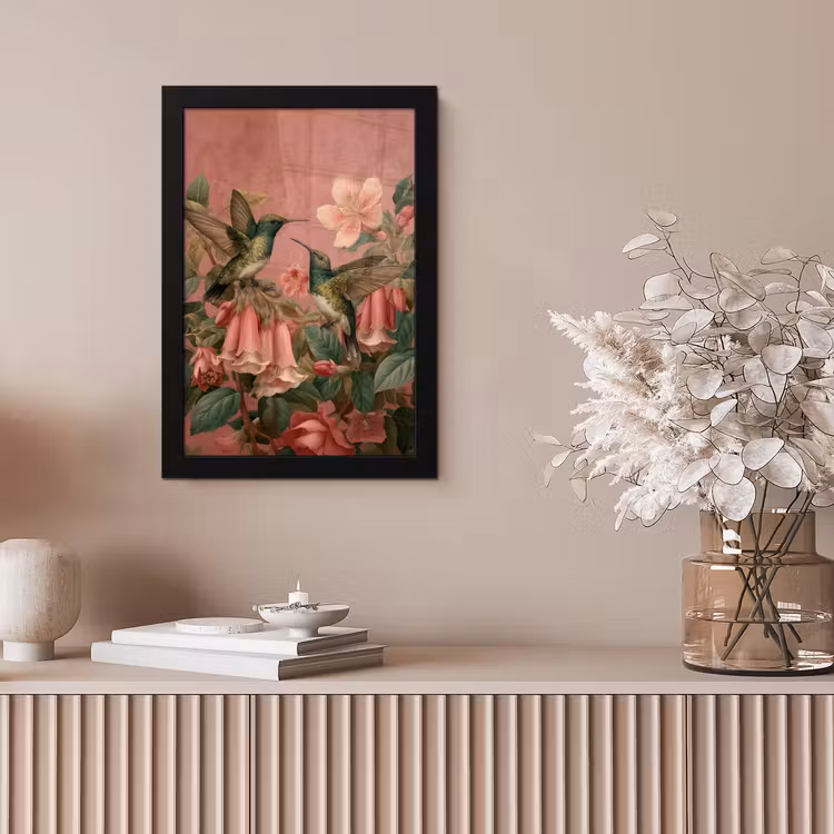 Kolibries - Bloemen - Groen - Roze fotolijst zwart zonder passe partout klein -sfeer5