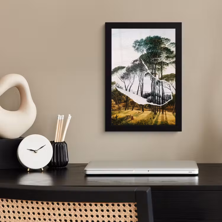 Italiaans landschap parasoldennen - Kunst - Hendrik Voogd - Schilderij - Zwart wit - Oude meesters fotolijst zwart zonder passe partout klein -sfeer1