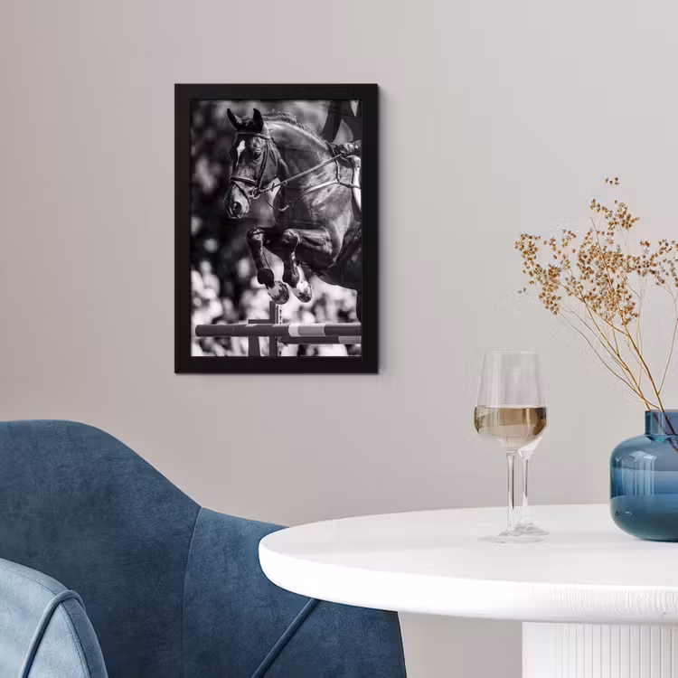 Springen - Paard - Zwart - Wit fotolijst zwart zonder passe partout klein -sfeer4