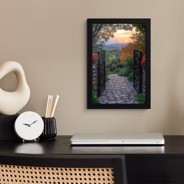 Landschap - Hek - Pad - Zonsondergang - Natuur fotolijst zwart zonder passe partout klein -sfeer1