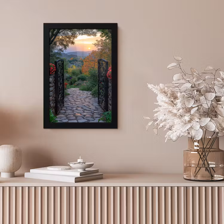 Landschap - Hek - Pad - Zonsondergang - Natuur fotolijst zwart zonder passe partout klein -sfeer5