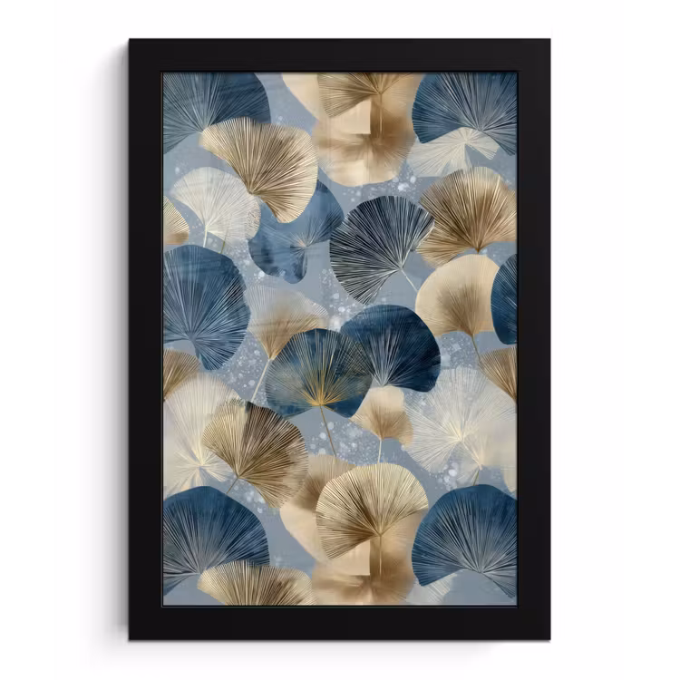 Bladeren - Abstract - Goud - Blauw fotolijst zwart zonder passe partout klein -3d