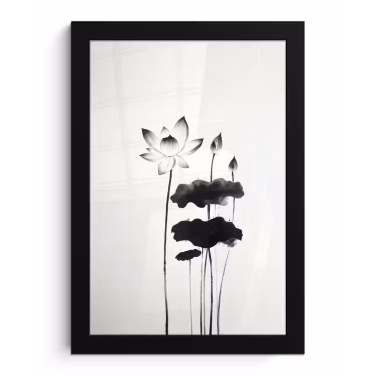 Bladeren - Zwart - Lotusbloem - Minimalitisch fotolijst zwart zonder passe partout klein -3d