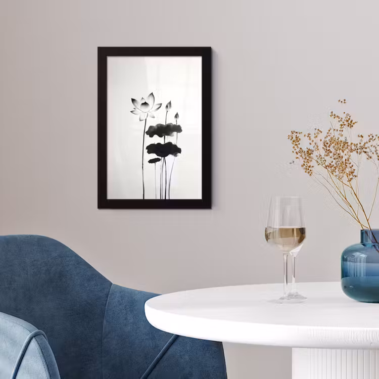 Bladeren - Zwart - Lotusbloem - Minimalitisch fotolijst zwart zonder passe partout klein -sfeer4