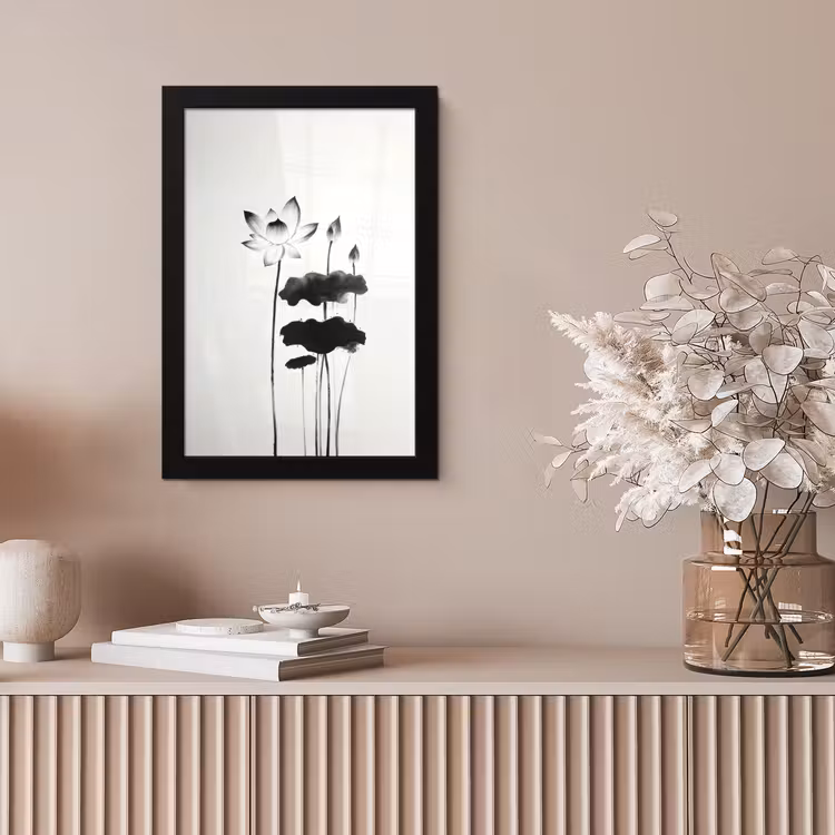 Bladeren - Zwart - Lotusbloem - Minimalitisch fotolijst zwart zonder passe partout klein -sfeer5