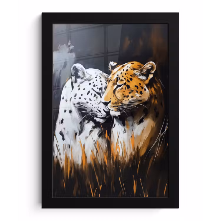 Luipaard - Oranje - Wit - Gras fotolijst zwart zonder passe partout klein -3d