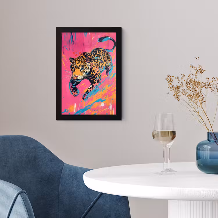 Luipaard - Roze - Oranje - Blauw - Verf fotolijst zwart zonder passe partout klein -sfeer4