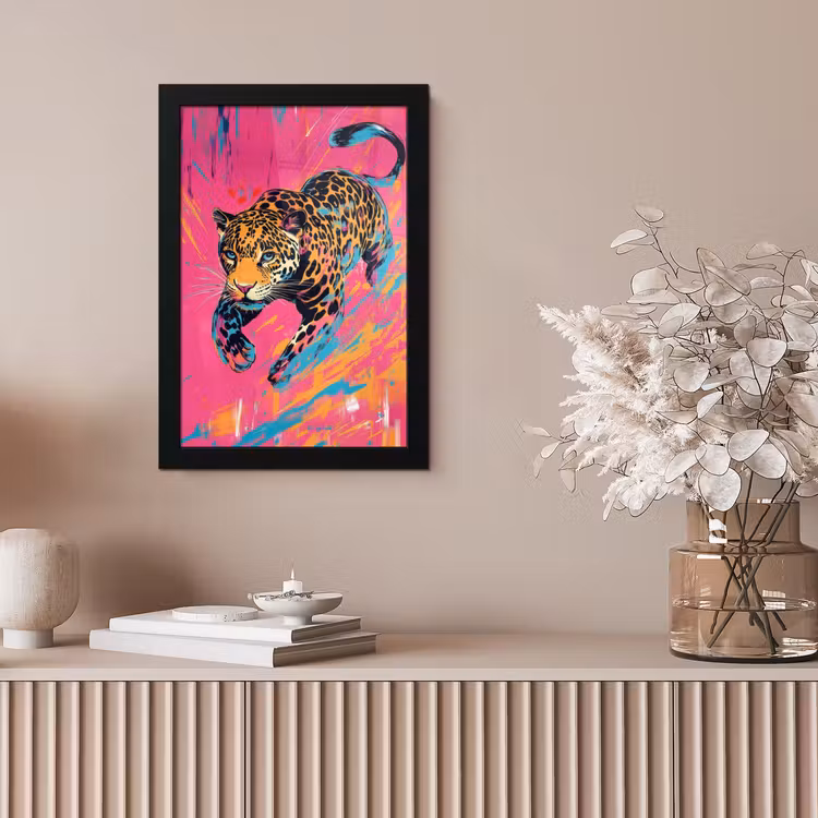 Luipaard - Roze - Oranje - Blauw - Verf fotolijst zwart zonder passe partout klein -sfeer5