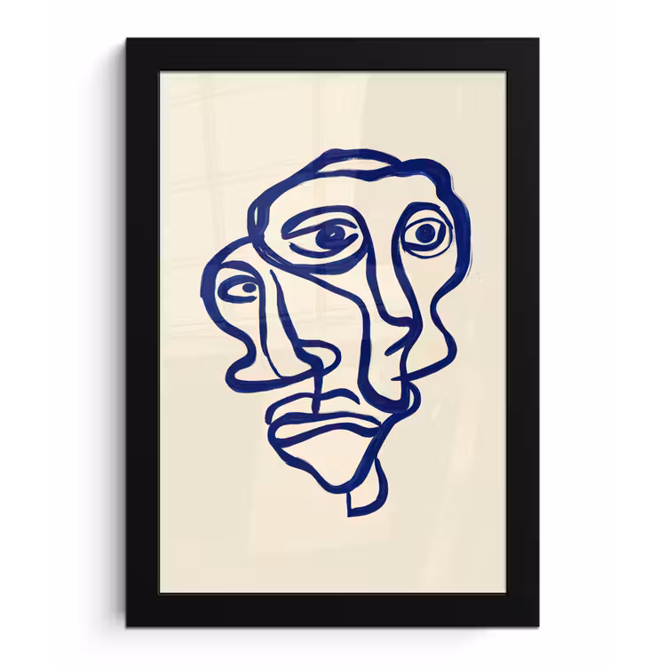 Lijntekening - Overlappende gezichten - Donkerblauw fotolijst zwart zonder passe partout klein -3d
