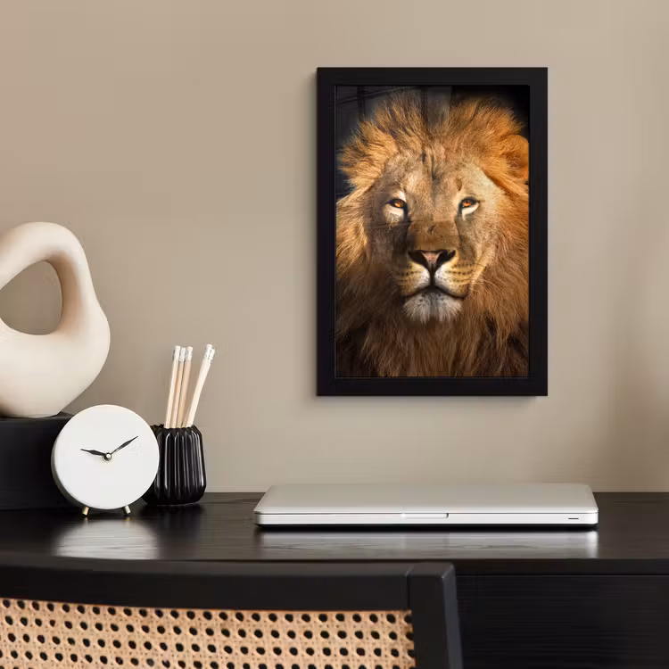 Leeuw - Dieren - Zwart - Licht - Bruin - Portret fotolijst zwart zonder passe partout klein -sfeer1