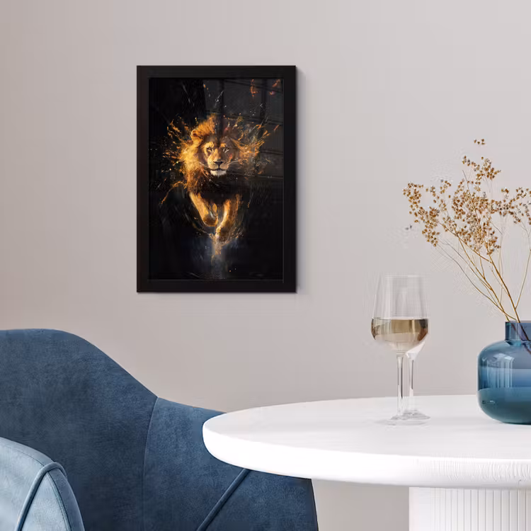 Leeuw - Zwart - Oranje - Verf fotolijst zwart zonder passe partout klein -sfeer4