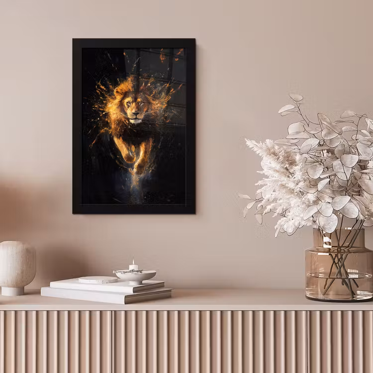 Leeuw - Zwart - Oranje - Verf fotolijst zwart zonder passe partout klein -sfeer5