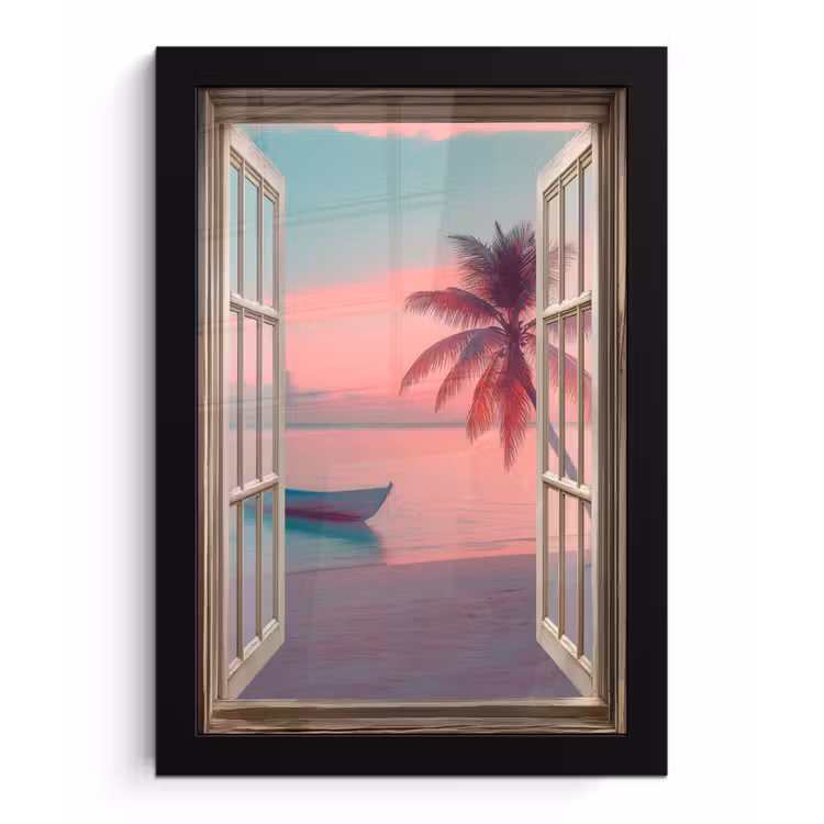 Doorkijk - Strand - Palmboom - Tropisch fotolijst zwart zonder passe partout klein -3d