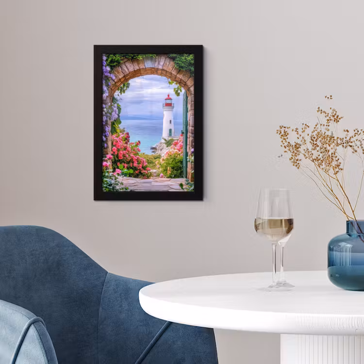 Doorkijk - Vuurtoren - Bloemen - Uitzicht fotolijst zwart zonder passe partout klein -sfeer4