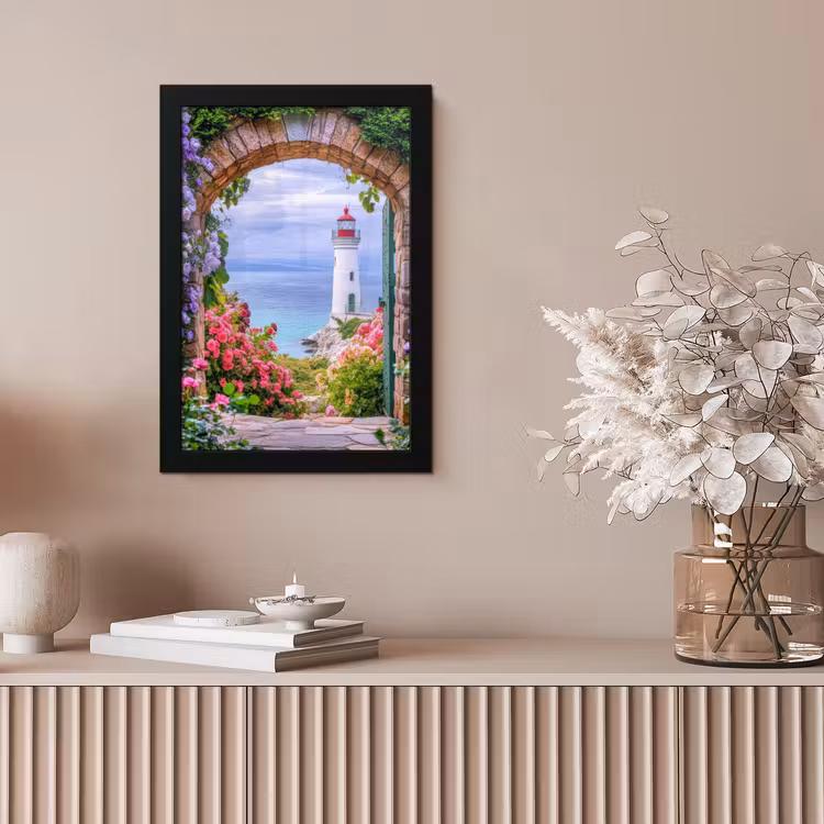 Doorkijk - Vuurtoren - Bloemen - Uitzicht fotolijst zwart zonder passe partout klein -sfeer5