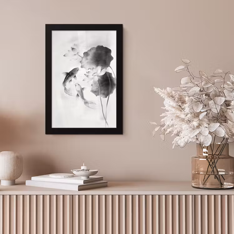 Lotusbloemen - Vissen - Bladeren - Zwart fotolijst zwart zonder passe partout klein -sfeer5