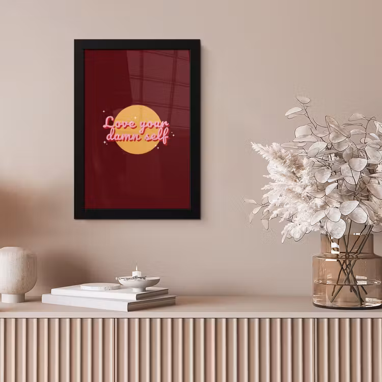 love your damn self - Cirkel - Glitter - Rood fotolijst zwart zonder passe partout klein -sfeer5