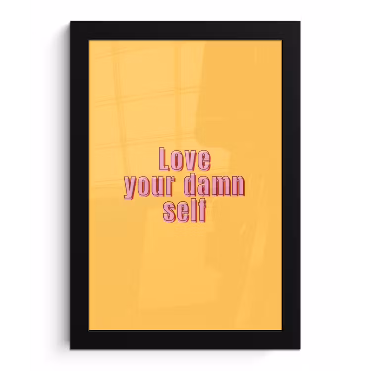Love yourself - Roze - Geel fotolijst zwart zonder passe partout klein -3d