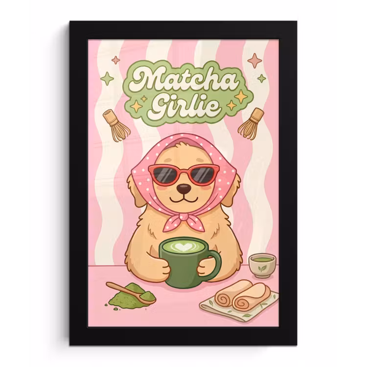 Matcha - Hond - Roze - Groen fotolijst zwart zonder passe partout klein -3d