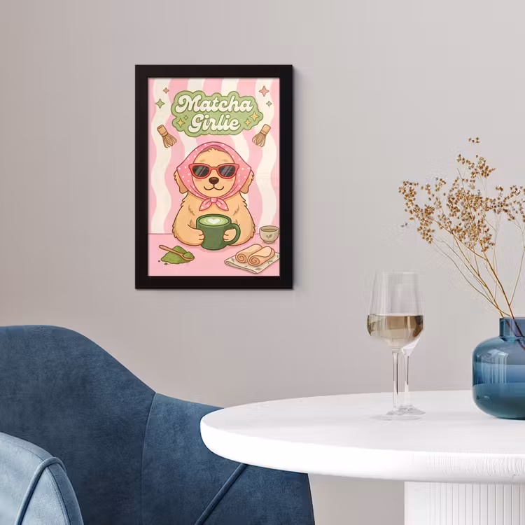 Matcha - Hond - Roze - Groen fotolijst zwart zonder passe partout klein -sfeer4