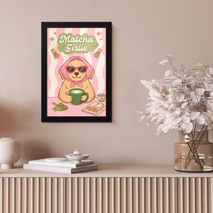Matcha - Hond - Roze - Groen fotolijst zwart zonder passe partout klein -sfeer5