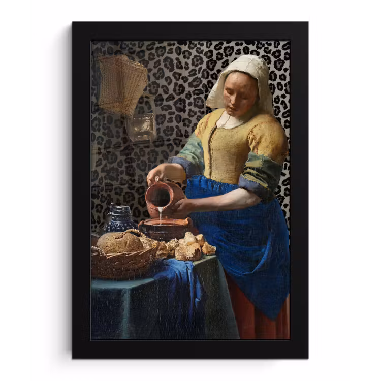 Melkmeisje - Kunst - Panterprint - Vermeer - Schilderij - Oude meesters fotolijst zwart zonder passe partout klein -3d
