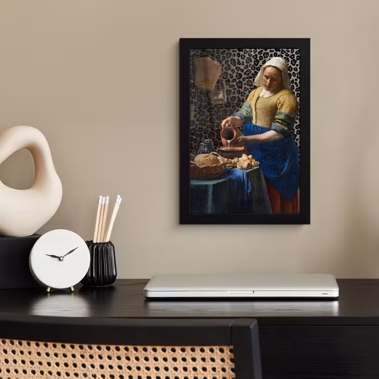 Melkmeisje - Kunst - Panterprint - Vermeer - Schilderij - Oude meesters fotolijst zwart zonder passe partout klein -sfeer1
