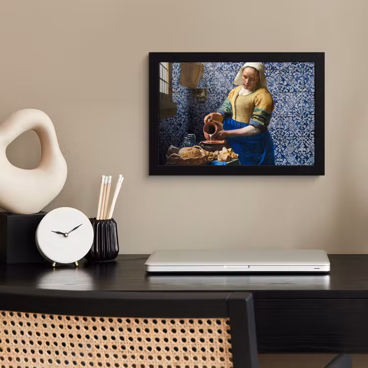 Melkmeisje - Delfts Blauw - Vermeer - Schilderij - Oude meesters fotolijst zwart zonder passe partout klein -sfeer1