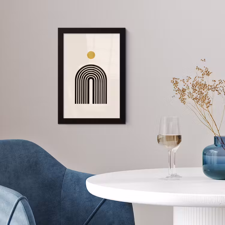 Minimalistisch - Zwarte boog - Gouden cirkel fotolijst zwart zonder passe partout klein -sfeer4