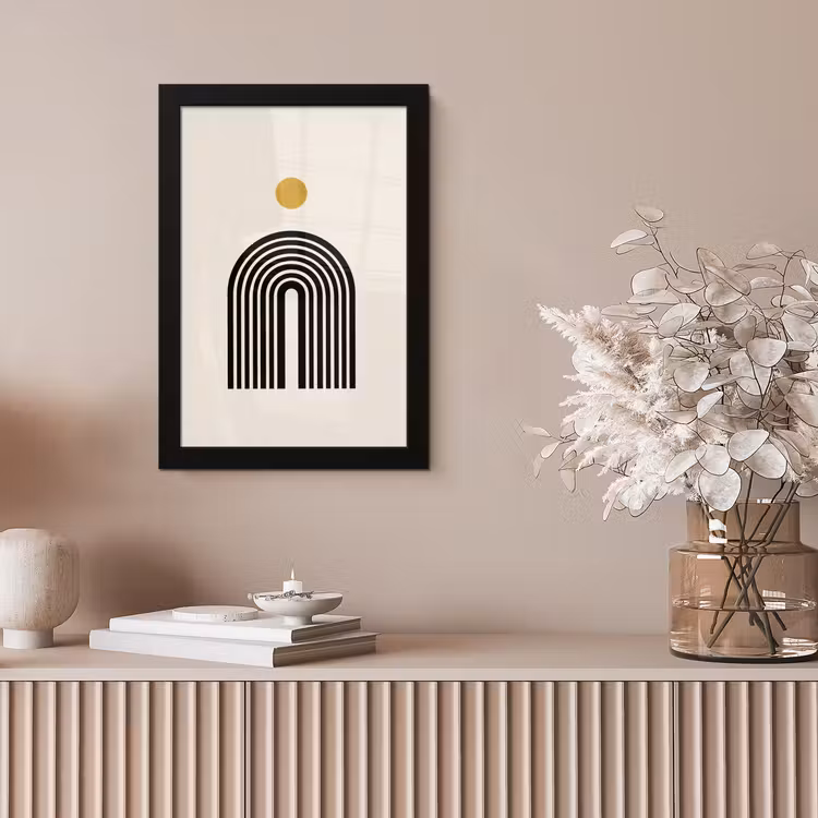 Minimalistisch - Zwarte boog - Gouden cirkel fotolijst zwart zonder passe partout klein -sfeer5