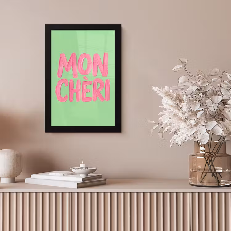 Mon cheri - Groen - Roze fotolijst zwart zonder passe partout klein -sfeer5