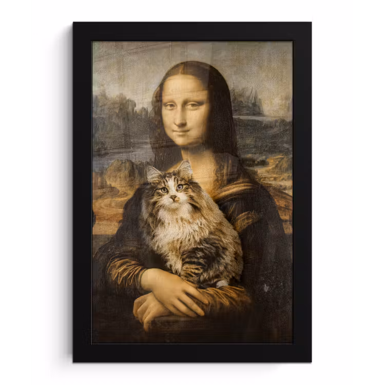 Mona Lisa - Kat - Leonardo da Vinci - Vintage - Kunstwerk - Oude meesters - Schilderij fotolijst zwart zonder passe partout klein -3d