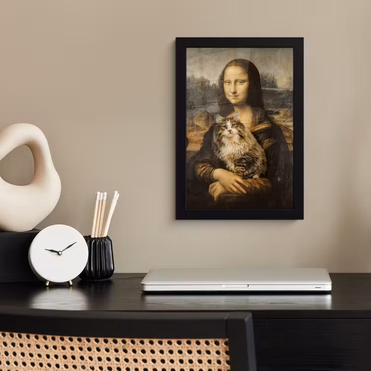 Mona Lisa - Kat - Leonardo da Vinci - Vintage - Kunstwerk - Oude meesters - Schilderij fotolijst zwart zonder passe partout klein -sfeer1