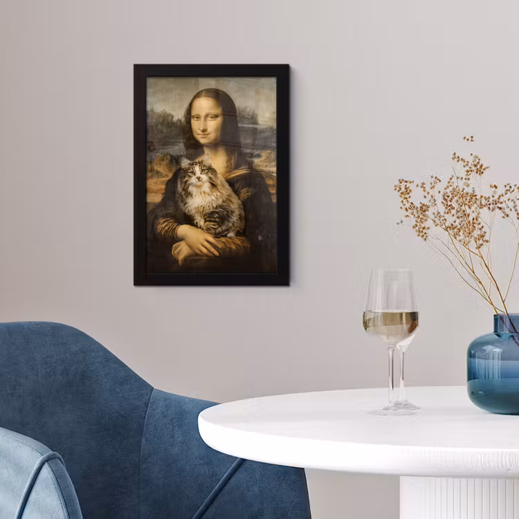Mona Lisa - Kat - Leonardo da Vinci - Vintage - Kunstwerk - Oude meesters - Schilderij fotolijst zwart zonder passe partout klein -sfeer4