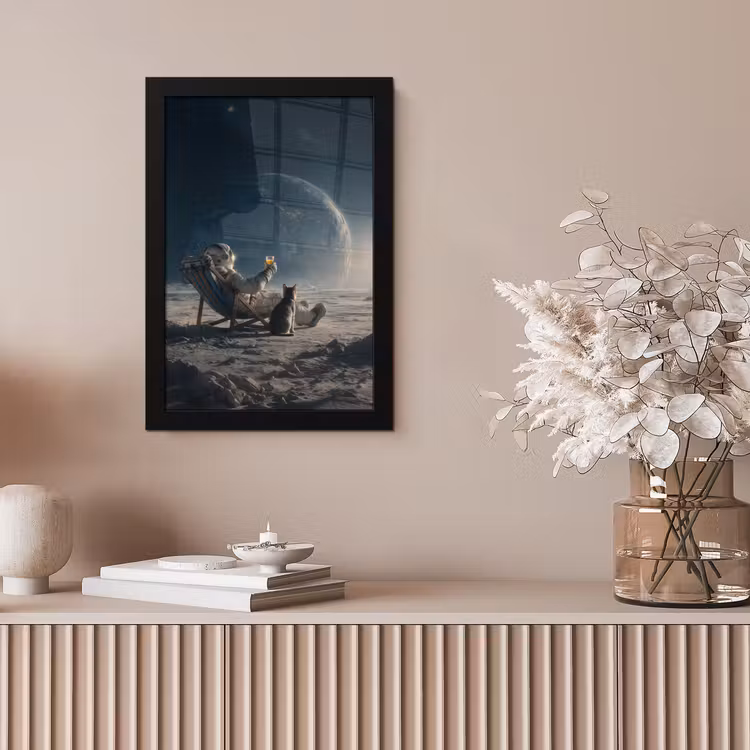 Maan - Kat - Astronaut - Ruimte fotolijst zwart zonder passe partout klein -sfeer5
