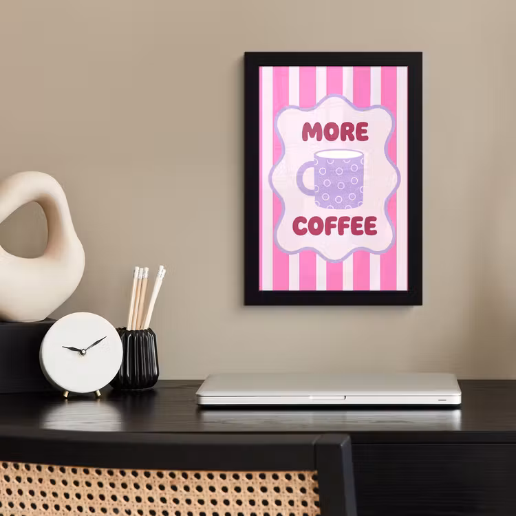 More coffee - Roze - Paars - Strepen - Mok fotolijst zwart zonder passe partout klein -sfeer1