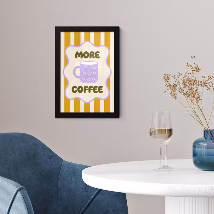 More coffee - Geel - Paars - Strepen - Mok fotolijst zwart zonder passe partout klein -sfeer4