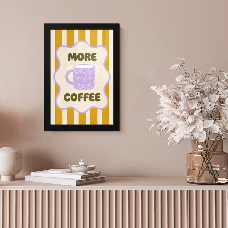 More coffee - Geel - Paars - Strepen - Mok fotolijst zwart zonder passe partout klein -sfeer5