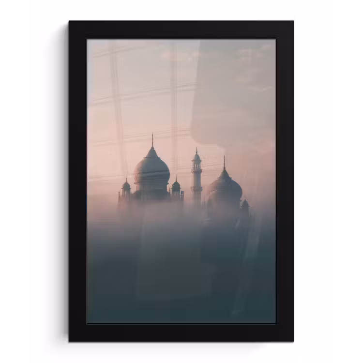 Moskee - Minaretten - Roze mist fotolijst zwart zonder passe partout klein -3d