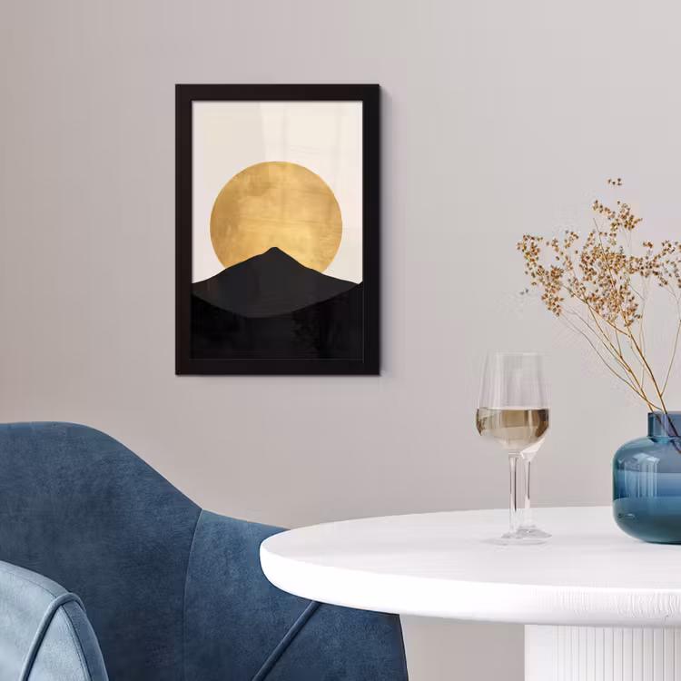 Bergsilhouetten - Gouden cirkel - Beige fotolijst zwart zonder passe partout klein -sfeer4