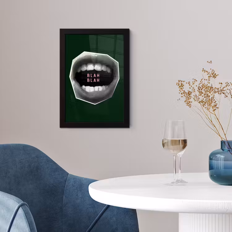 Mond - Groen - Illustratie - BLAH BLAH fotolijst zwart zonder passe partout klein -sfeer4
