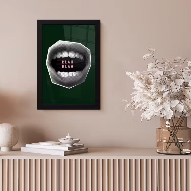 Mond - Groen - Illustratie - BLAH BLAH fotolijst zwart zonder passe partout klein -sfeer5