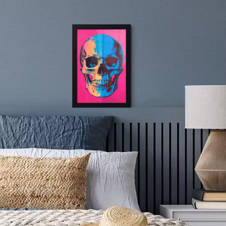 Neon - Blauw - Pop-art - Schedel fotolijst zwart zonder passe partout klein -sfeer3