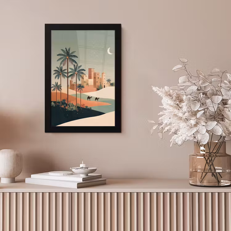 Nachtlandschap - Kamelen - Sterren - zandduinden fotolijst zwart zonder passe partout klein -sfeer5