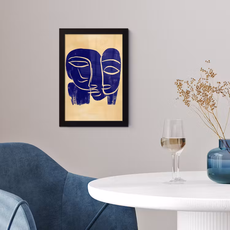Okergeel - Blauw - Eenvoudige lijnen fotolijst zwart zonder passe partout klein -sfeer4