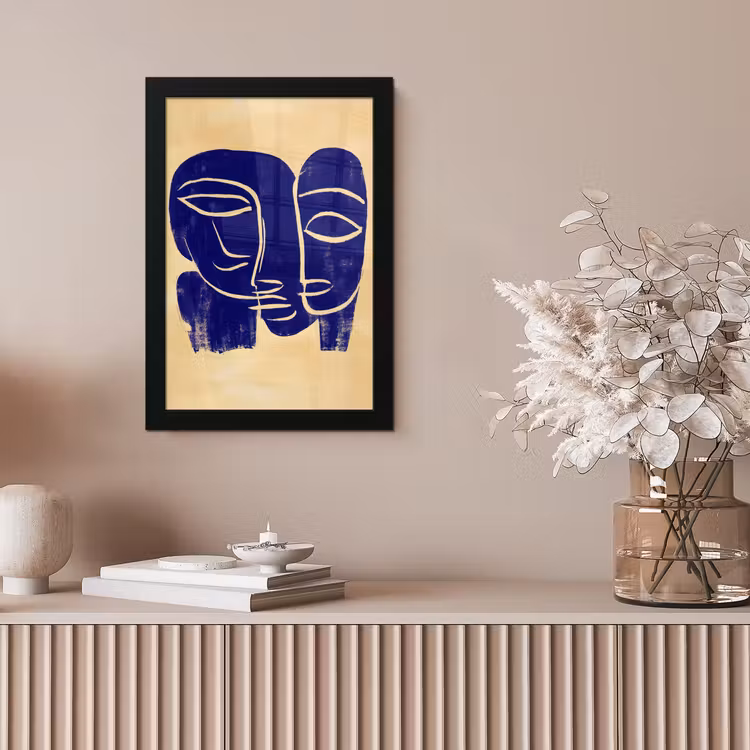 Okergeel - Blauw - Eenvoudige lijnen fotolijst zwart zonder passe partout klein -sfeer5