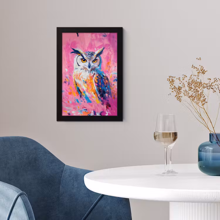 Uil - Roze - Blauw - Verf - Abstract fotolijst zwart zonder passe partout klein -sfeer4