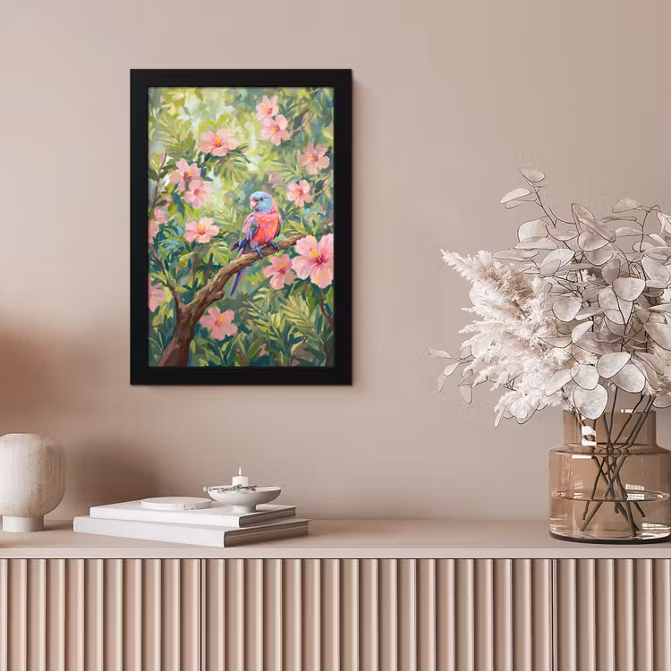 Papagaai - Hibiscusbloemen - Kleurrijk fotolijst zwart zonder passe partout klein -sfeer5